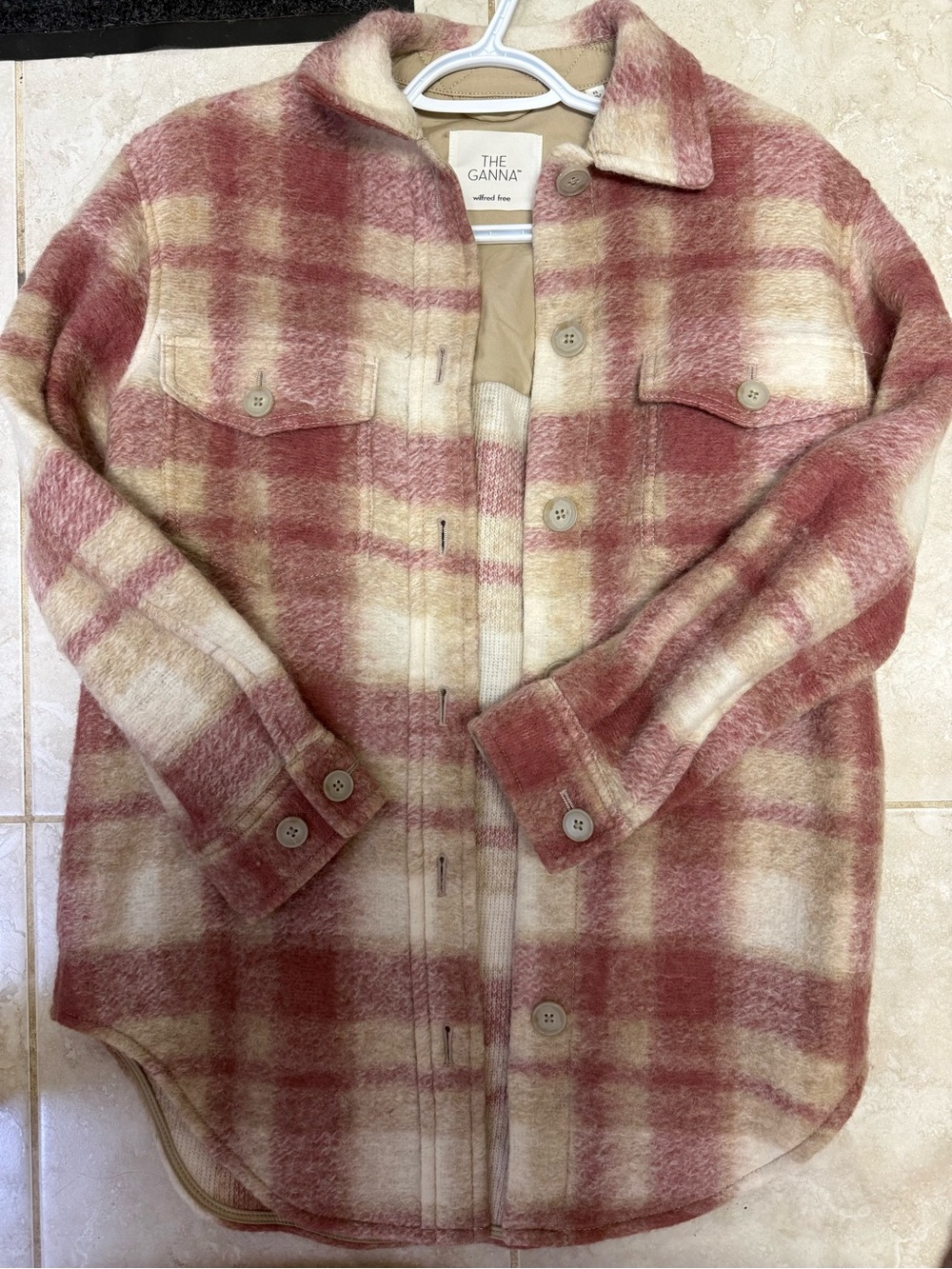 Aritzia The Ganna Plaid Teddy Jacket in Pink and Cream
